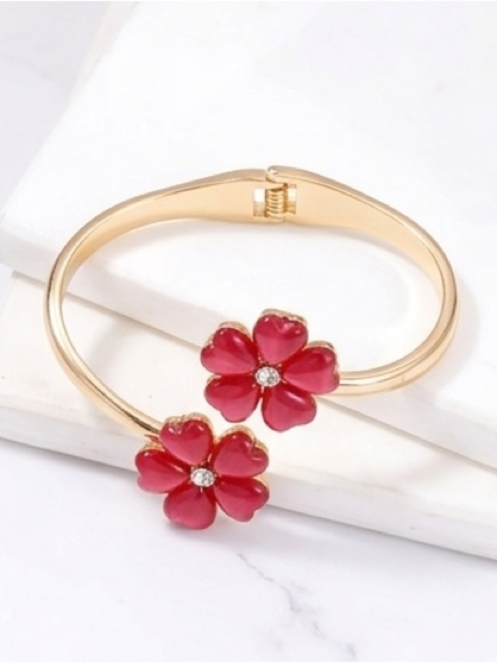 Gold tone Bangle Cuff Bracelet with Red Clover Flower Stone Accents Jewelry